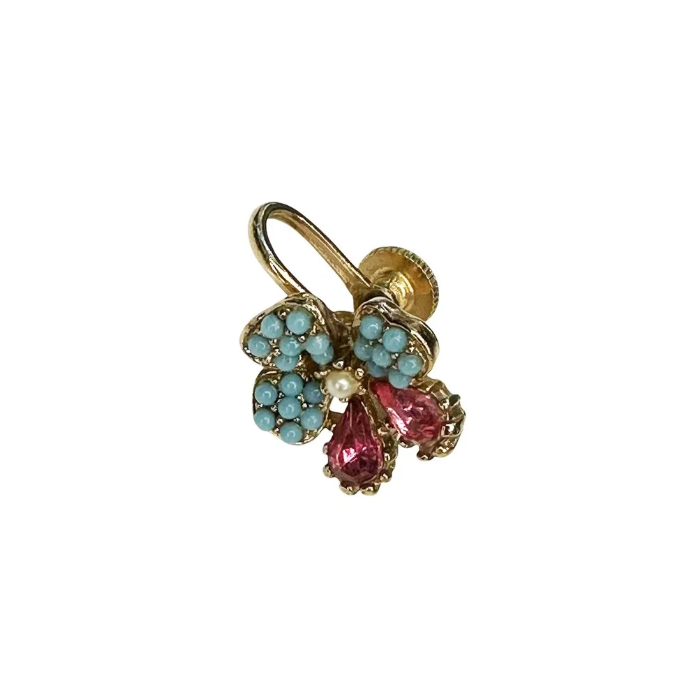 VTG 1950's Flower Wishbone Brooch & Clip-on Earring Set • pink blue gold tone